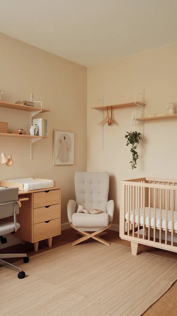 This minimalist nursery effortlessly combines functionality and style. A dedicated workspace alongside the crib and changing table makes for a practical and aesthetically pleasing space, perfect for parents who need a little extra room to work from home. The neutral color scheme and natural wood create a calming atmosphere for both baby and parent.