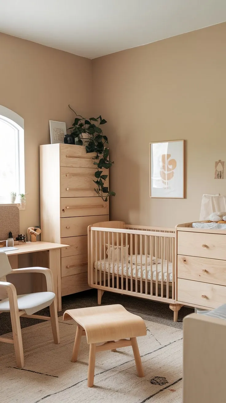 This gender-neutral nursery is a testament to thoughtful design. The corner office area, complete with a comfortable chair and ample storage, provides a dedicated space for parents to work or relax while keeping a watchful eye on their little one. The natural wood crib, dresser, and chair create a warm and inviting atmosphere, complemented by the soft beige walls and a touch of greenery. A sanctuary of calm for the whole family.