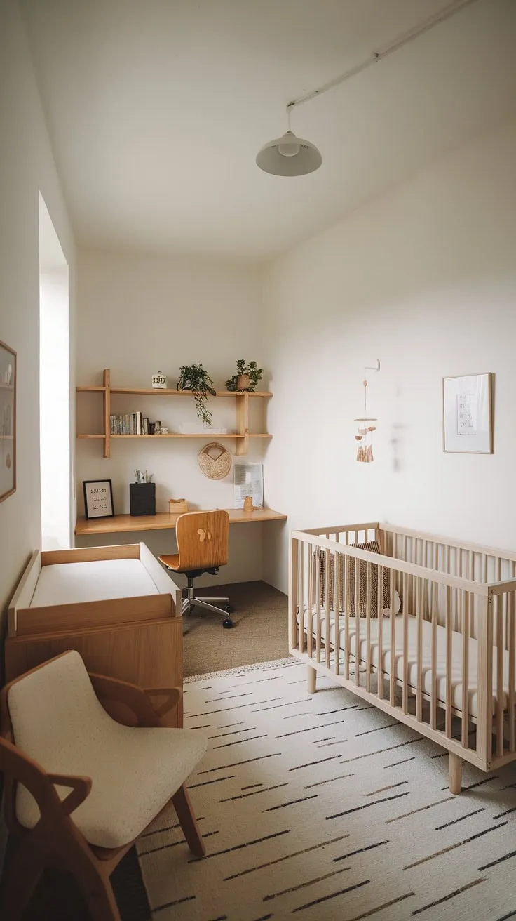 Simple, serene, and surprisingly spacious. This gender-neutral nursery offers a peaceful retreat for baby and a dedicated workspace for parents, proving that functionality and style can coexist beautifully. A testament to mindful design.