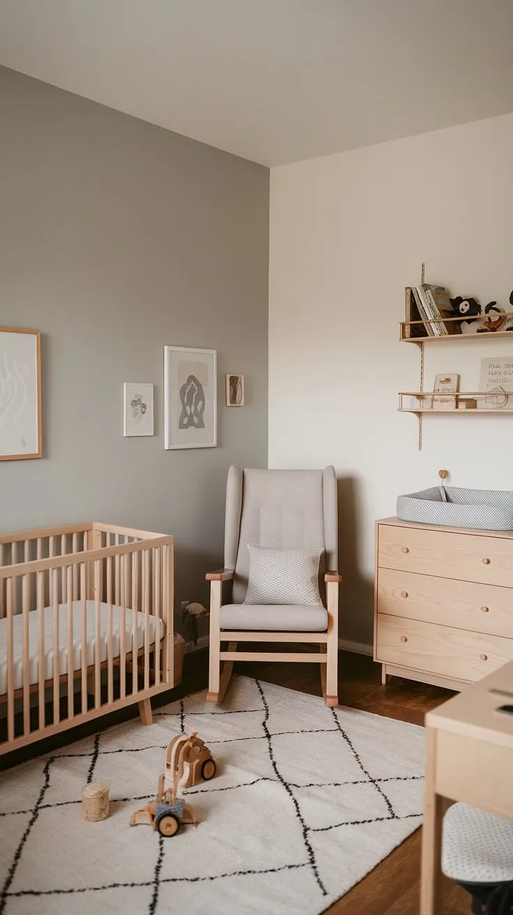 A thoughtfully designed nursery, showcasing a calming neutral palette and clever space-saving solutions. The addition of a small home office provides a dedicated area for parents, ensuring a peaceful and productive environment. A space where nurturing and working coexist beautifully.