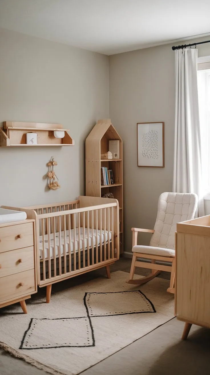 A calming and stylish nursery designed for peaceful slumber and happy playtime. The neutral color palette, natural wood furniture, and thoughtful details create a welcoming space where your baby can thrive. A minimalist haven, perfectly balanced for comfort and functionality.