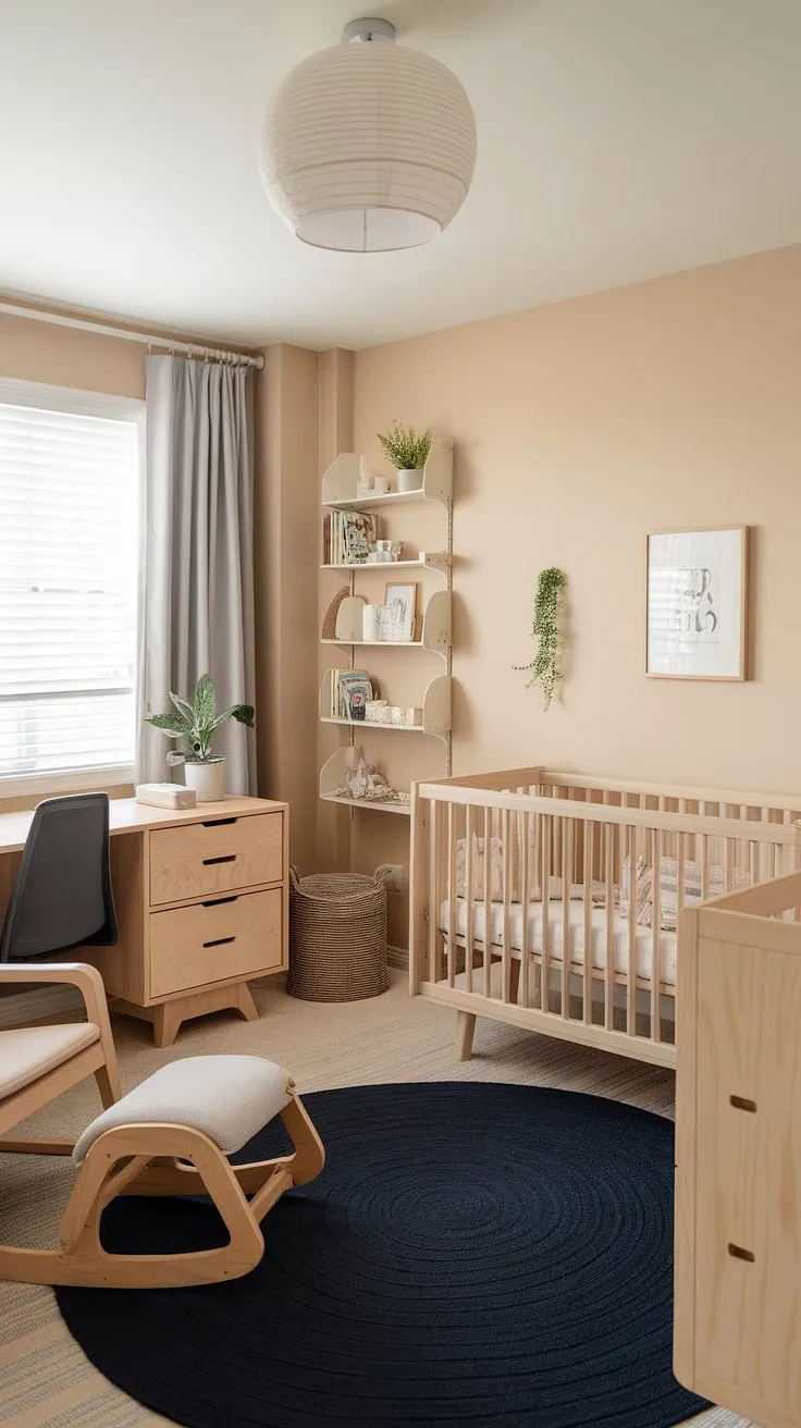 This gender-neutral nursery is a testament to thoughtful design. The soft beige walls, natural wood accents, and a dedicated work area create a space that's both beautiful and functional, fostering a peaceful atmosphere for growth and connection. A perfect blend of form and function.