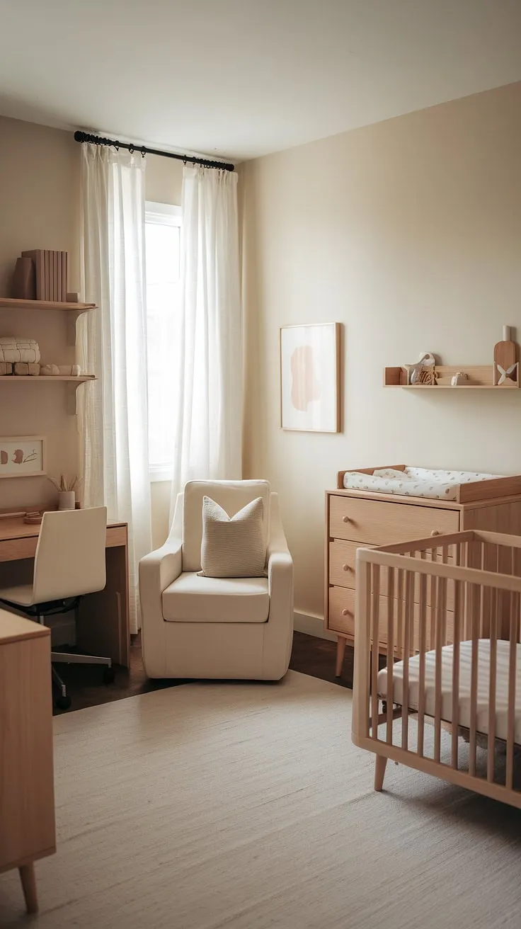 A haven of calm and natural light, this minimalist nursery nurtures a sense of peace and tranquility. The thoughtfully chosen, gender-neutral wood furniture creates a space where dreams are born and nurtured. A dedicated workspace allows for moments of quiet reflection, while the cozy reading nook invites connection and comfort.