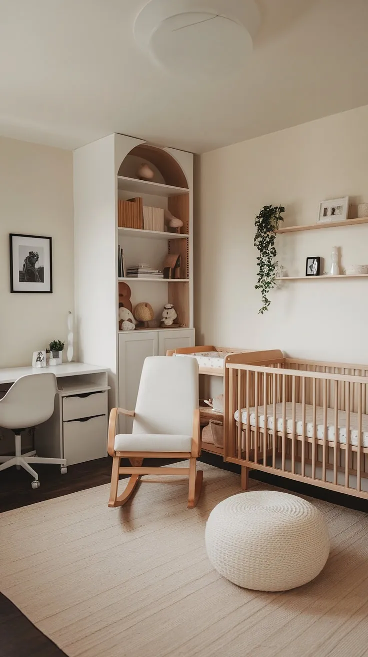 Serene and functional, this minimalist nursery seamlessly blends style and practicality. The natural wood furniture adds warmth against the crisp white, creating a calming space for both parent and child. A dedicated corner office area provides a quiet workspace, ensuring a sense of calm and organization amidst the joys of parenthood.