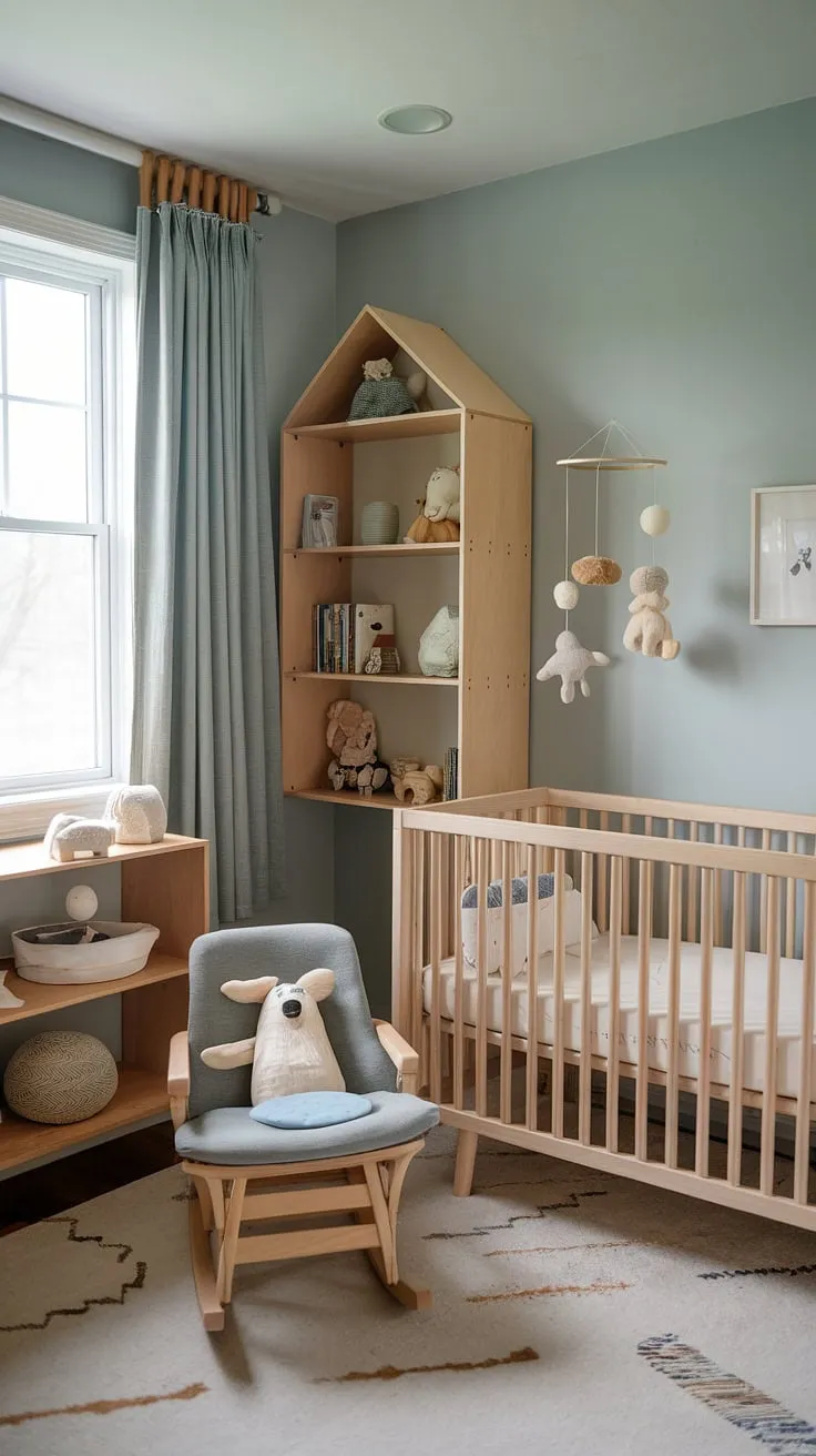 Serene and simple, this nursery's calming blue walls and natural wood furniture create a peaceful haven for baby's arrival. The thoughtfully designed corner with a bookshelf and rocking chair offers a quiet space for reading and bonding, while soft toys and a mobile add playful touches. A perfect blend of minimalist style and comforting warmth.