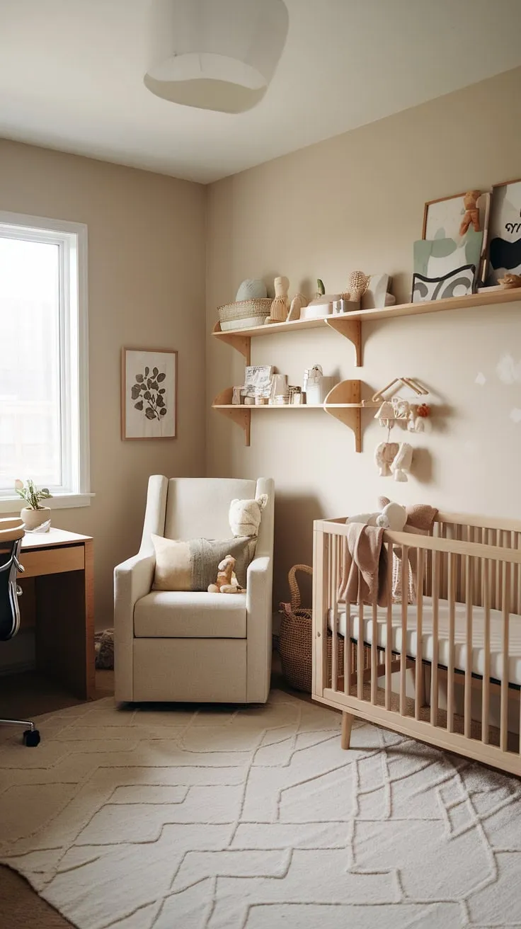 This serene nursery effortlessly combines practicality and style. A neutral palette, simple wooden furniture, and a cleverly integrated workspace create a haven for both baby and parent, promoting rest and focused work.