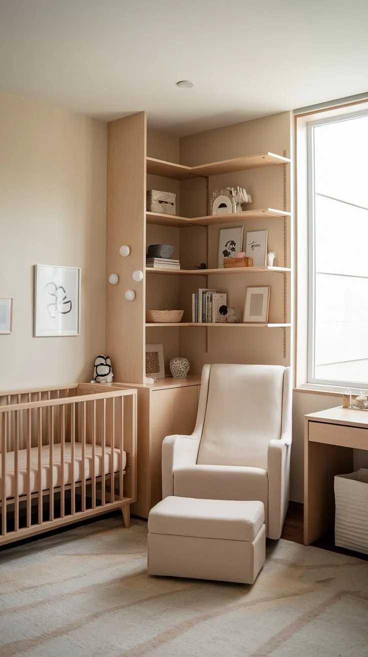 Soft light, natural materials, and thoughtful design: this gender-neutral nursery is a sanctuary for both parent and child. A dedicated workspace tucked into the corner offers a practical and calming environment for working from home, while the crib and rocking chair provide a comforting space for bonding and rest. The overall aesthetic is one of understated elegance and functionality.