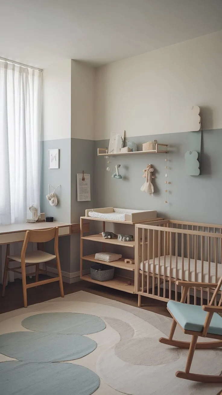 Serene sanctuary. This minimalist nursery, designed with natural wood and soft hues, seamlessly blends comfort and functionality. The integrated workspace offers a parent a quiet corner for work, while the calming atmosphere ensures a peaceful haven for baby. A perfect blend of practicality and style.