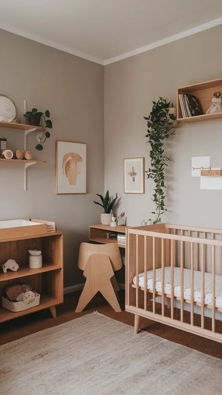 Serene and functional: This minimalist nursery seamlessly blends calming aesthetics with practical organization, creating a nurturing space for growth and development. The natural wood furniture and soft grey walls foster a tranquil atmosphere, while the dedicated nursery office corner provides a quiet space for parents. A perfect blend of style and functionality for modern parenthood.