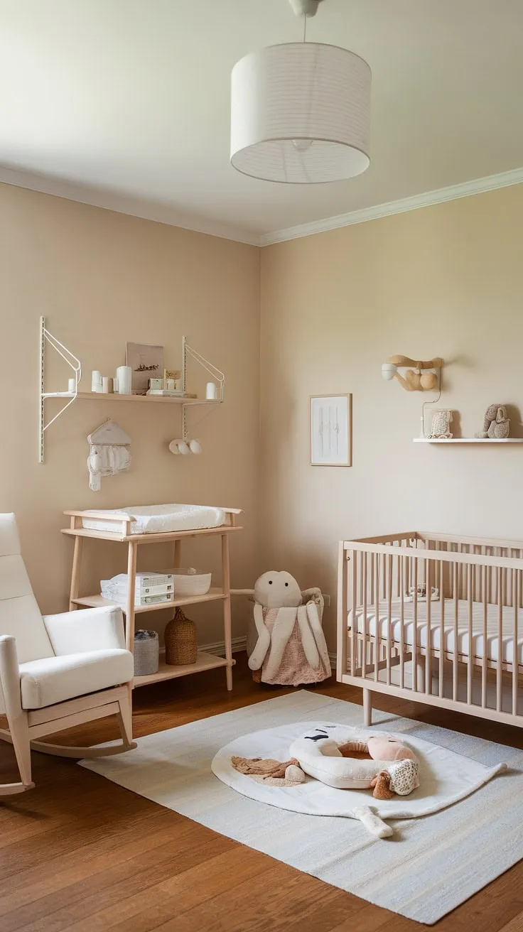 Soft hues and natural textures create a serene sanctuary in this gender-neutral nursery. The simple yet elegant design prioritizes comfort and functionality, providing a peaceful environment for baby's first adventures.
