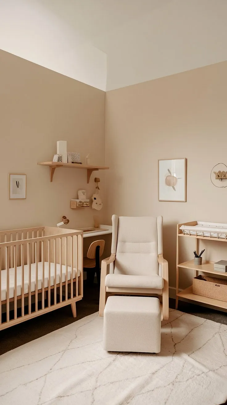 Simple, serene, and perfectly functional. This minimalist nursery offers a calm space for both baby and parent, with thoughtful design elements like the natural wood crib and integrated nursery office area. A haven of peace, a space for growth, and a testament to the beauty of less.