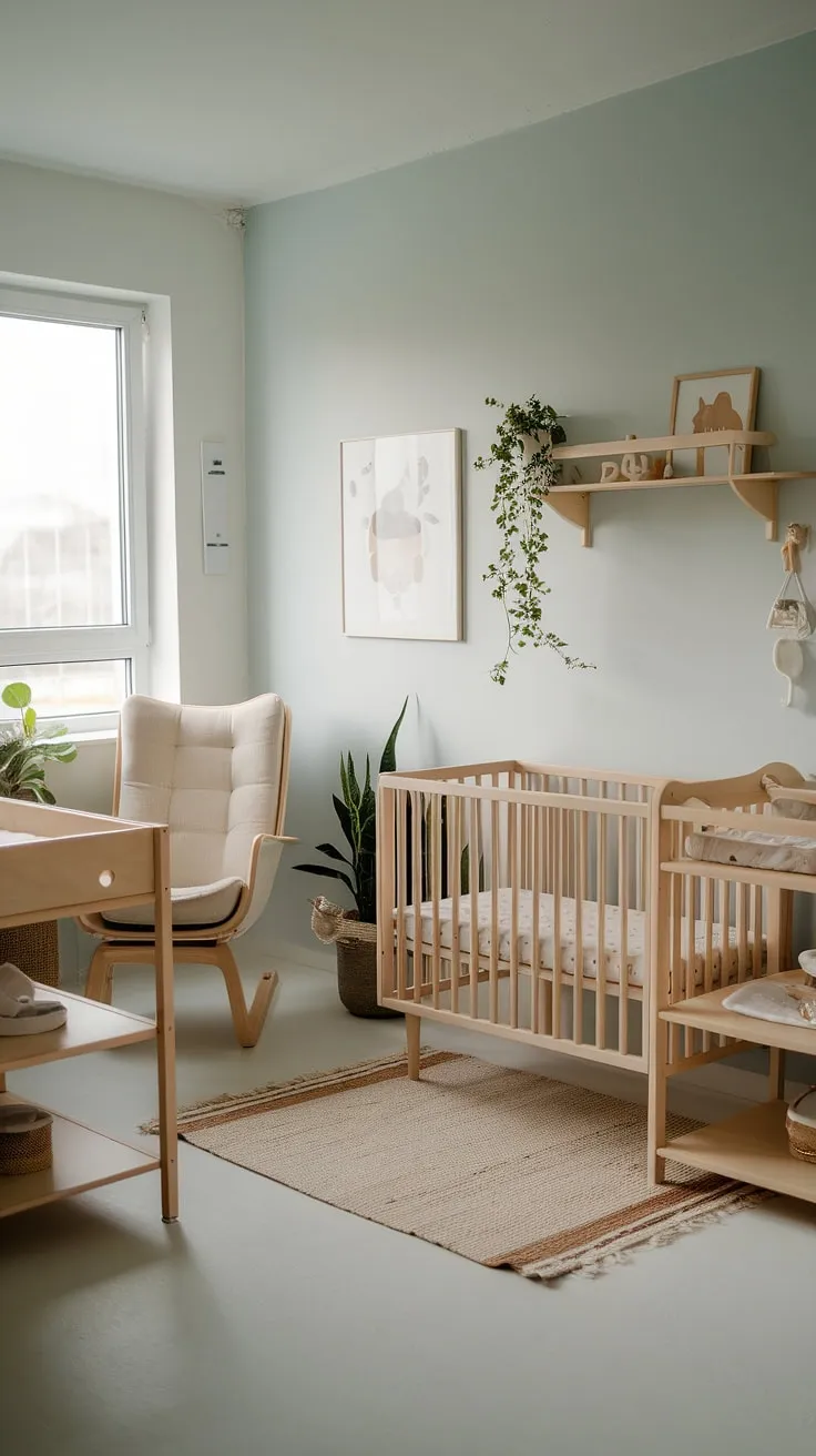 Serene and simple: This minimalist nursery, bathed in soft blue light, creates a calming space for baby's arrival. The natural wood furniture and thoughtfully chosen details, including a comfortable nursing chair and a touch of greenery, foster a peaceful environment for both parent and child. A perfect blend of functionality and style.