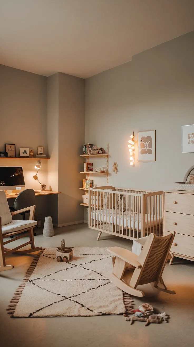 Soft gray walls, natural wood furniture, and a touch of playful charm create a serene and functional nursery. This minimalist space seamlessly blends comfort for baby with a dedicated workspace for parents, proving that style and practicality can coexist beautifully. A haven of calm for both parent and child, this room is a testament to thoughtful design.