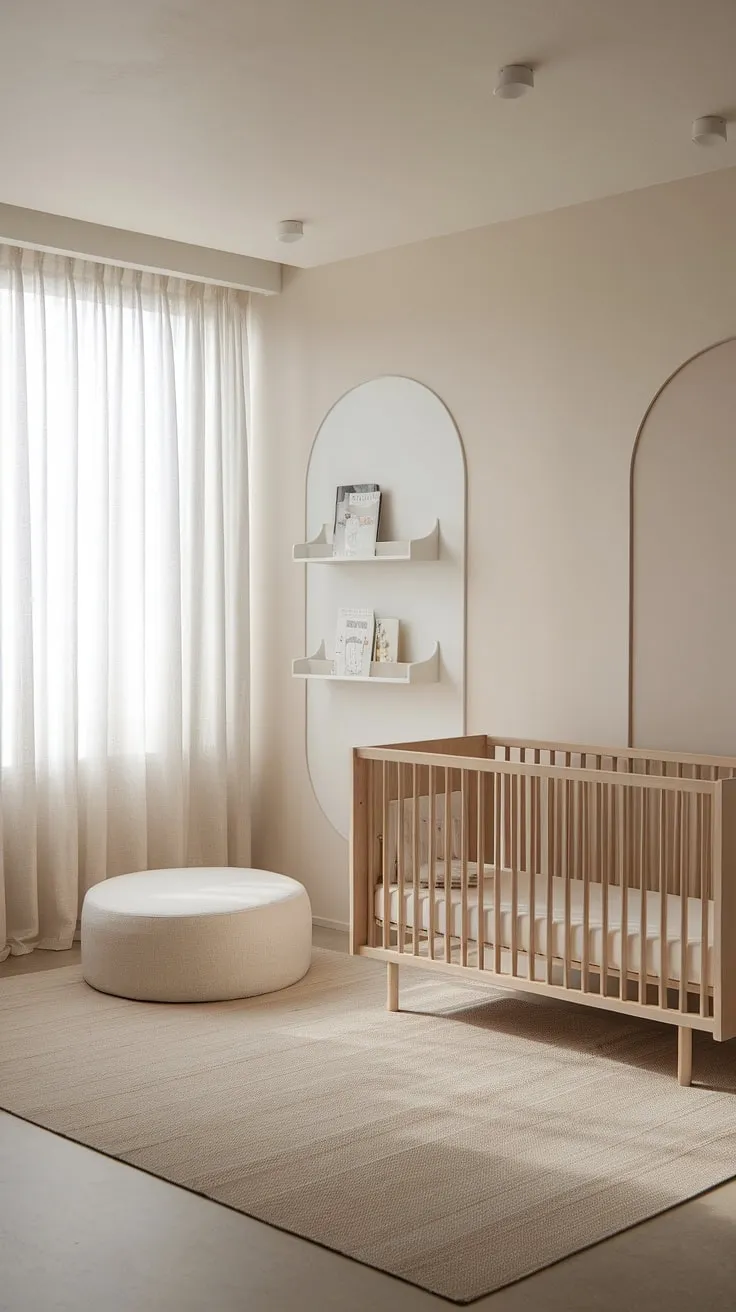 Soft light streams into this serene nursery, a haven of calm created with a minimalist design and a neutral palette of white, beige, and light grey. The natural wood crib and simple furnishings create a space that's both stylish and perfectly suited for peaceful slumber. A perfect example of how less is truly more.
