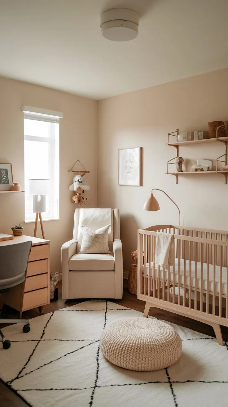 A serene and functional nursery, thoughtfully designed with natural wood furniture and a calming color palette. The integrated workspace provides a dedicated area for parents, creating a peaceful haven for both baby and caregiver. A perfect blend of style and practicality.