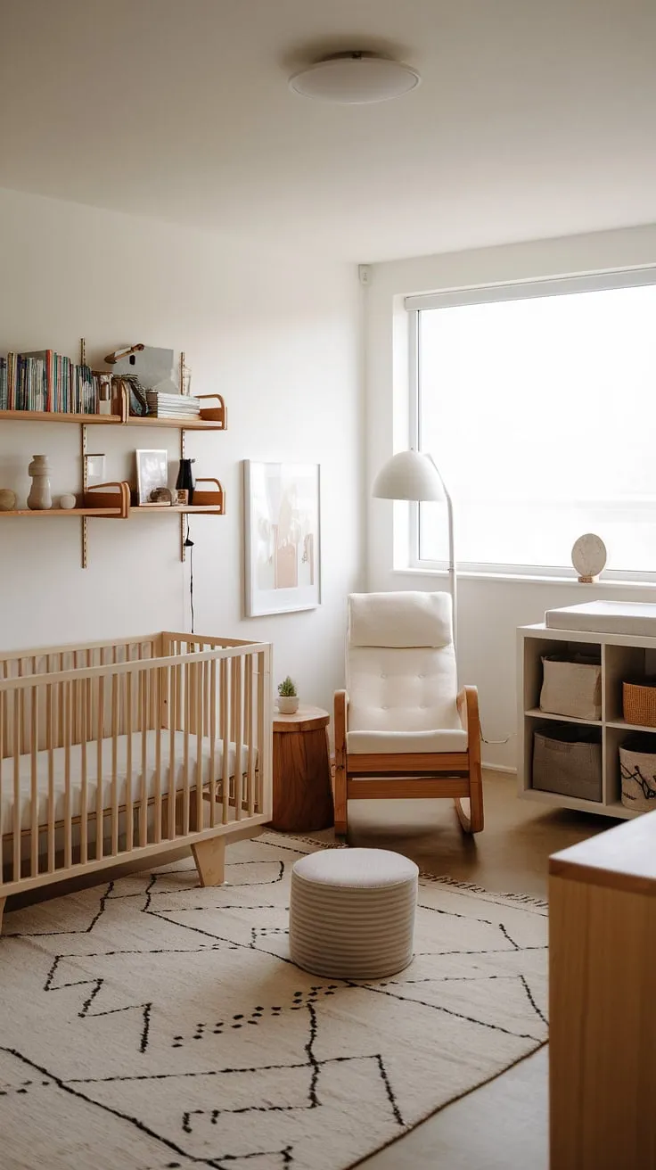 A peaceful retreat for baby, this gender-neutral nursery boasts a calming palette and functional, beautiful natural wood furniture. The clever corner design maximizes space, creating a practical and aesthetically pleasing environment for both parent and child.