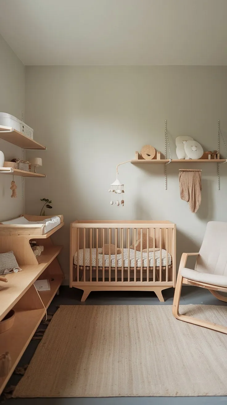 Soft grey walls and natural wood furniture create a serene and minimalist nursery, perfect for welcoming your little one. The calming atmosphere, enhanced by ample natural light, promises peaceful nights and happy days. A thoughtfully curated space designed for both comfort and style.