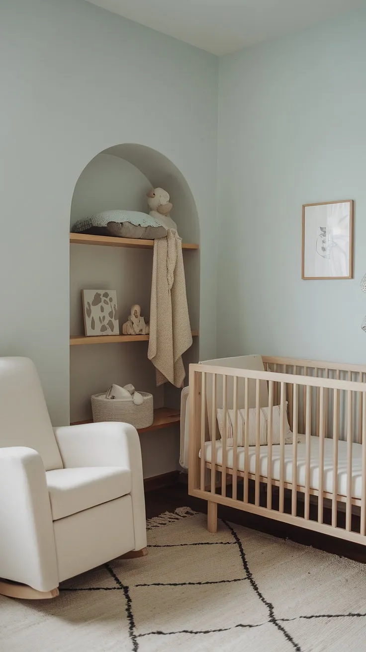 Soft hues and natural textures define this gender-neutral nursery. The simple elegance of the wooden crib, paired with the plush blanket and comfortable rocking chair, promises countless hours of comfort and connection. A space designed for nurturing and growth.