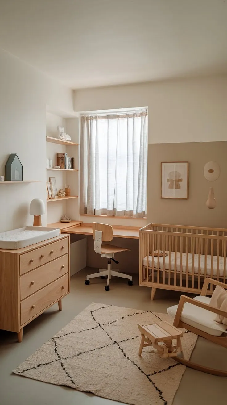 Serene and functional, this minimalist nursery seamlessly blends calm aesthetics with practical design. The natural wood furniture, soft color palette, and dedicated workspace create a haven for both baby and parent. A perfect blend of style and practicality for those early days.