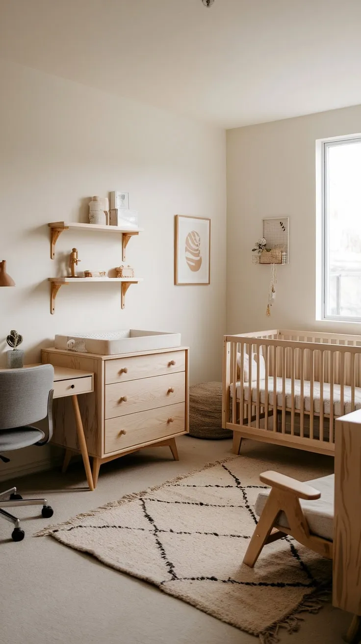 Simple, stylish, and surprisingly spacious, this gender-neutral nursery offers a peaceful retreat for baby and a practical workspace for parents, all within a beautifully designed, light-filled room. The natural wood furniture adds warmth and timeless appeal.