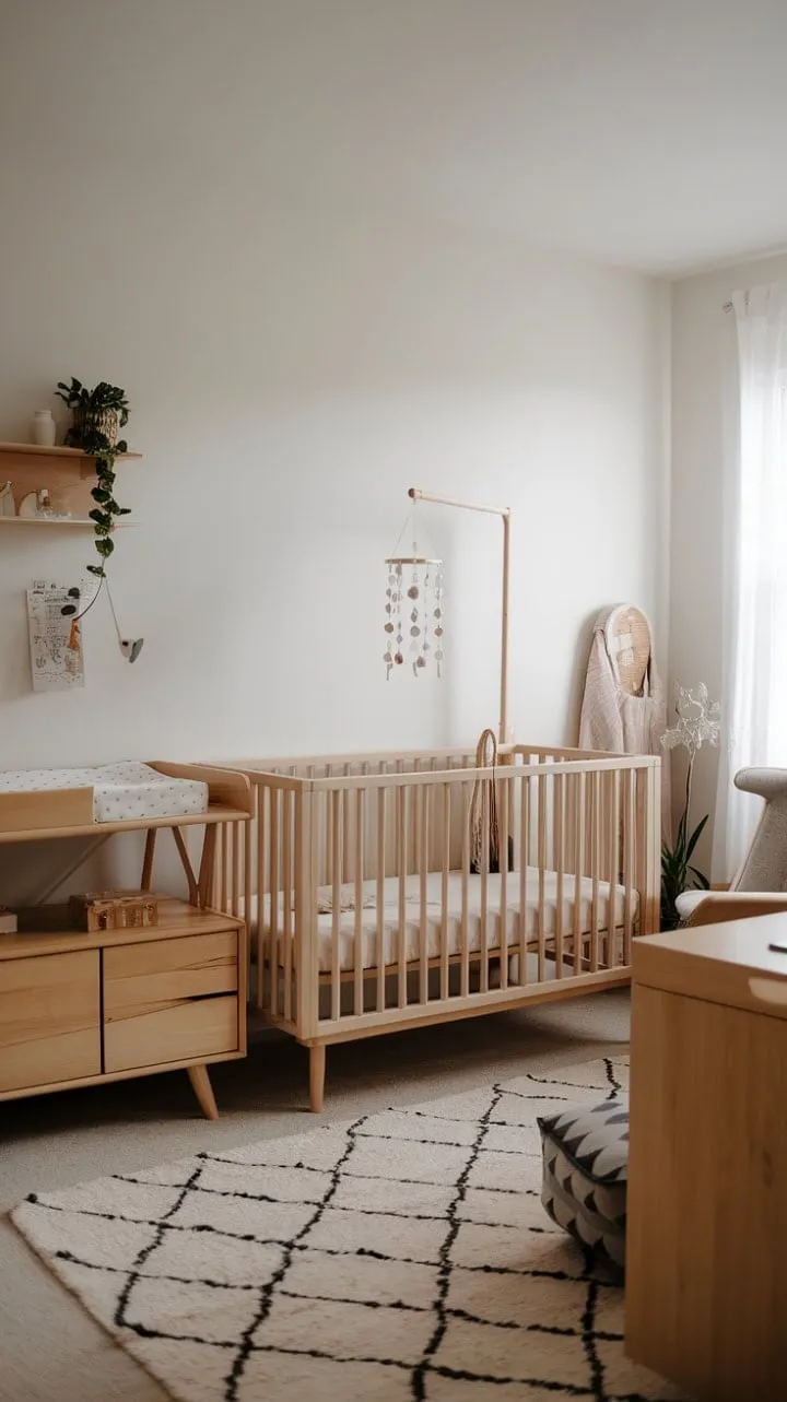 This serene nursery-office oasis, adorned with natural wood and minimalist design, harmoniously nurtures both parent and child in a tranquil space of gentle curves and soothing productivity.