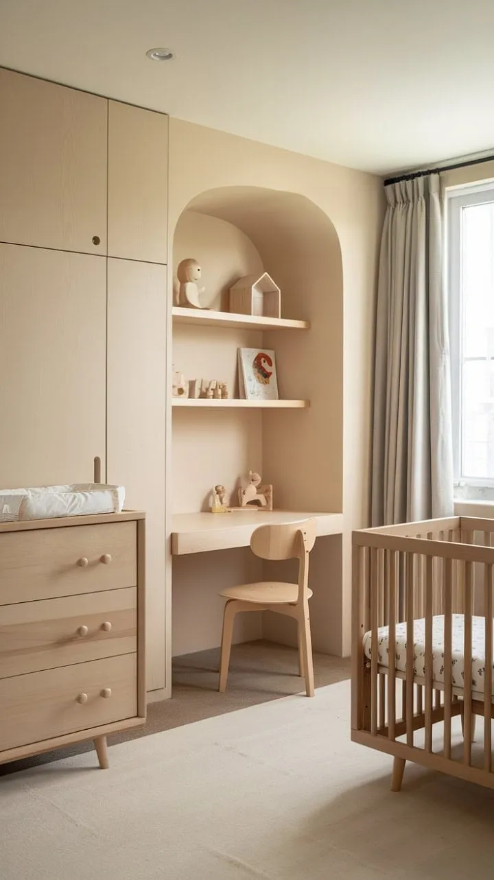 This serene minimalist nursery, bathed in natural light and warm wood tones, is a stylish sanctuary that inspires dreams for both parent and child.