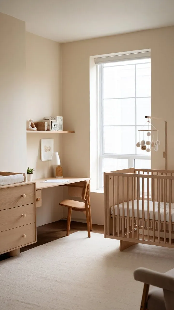 Bathed in soft light and adorned with natural wood tones, this minimalist nursery is a serene sanctuary where dreams blossom and cherished memories unfold.