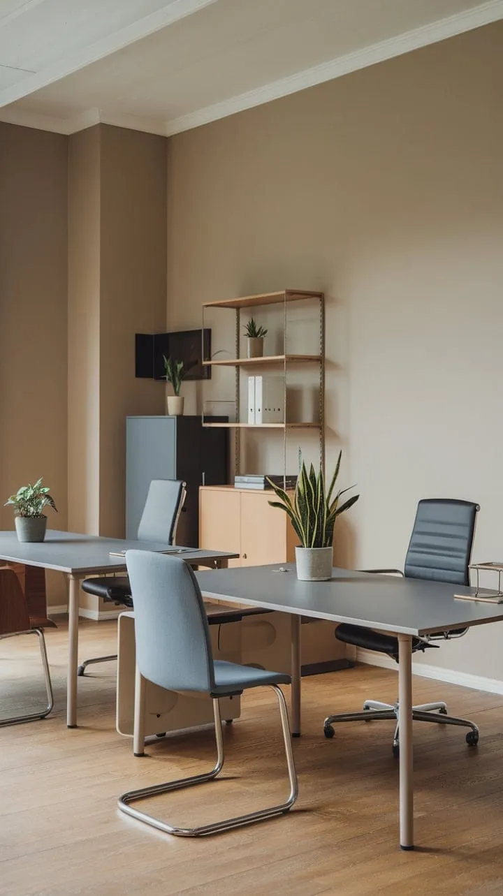 This office space harmoniously combines sleek design with natural elements to create a serene and efficient work environment.