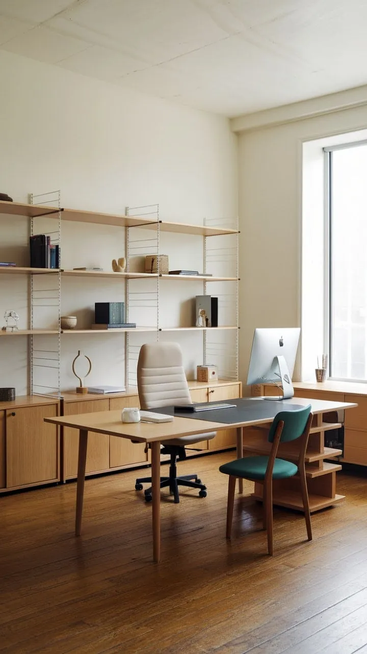 This stylish minimalist workspace, bathed in natural light, creates a tranquil and inspiring environment for productivity.