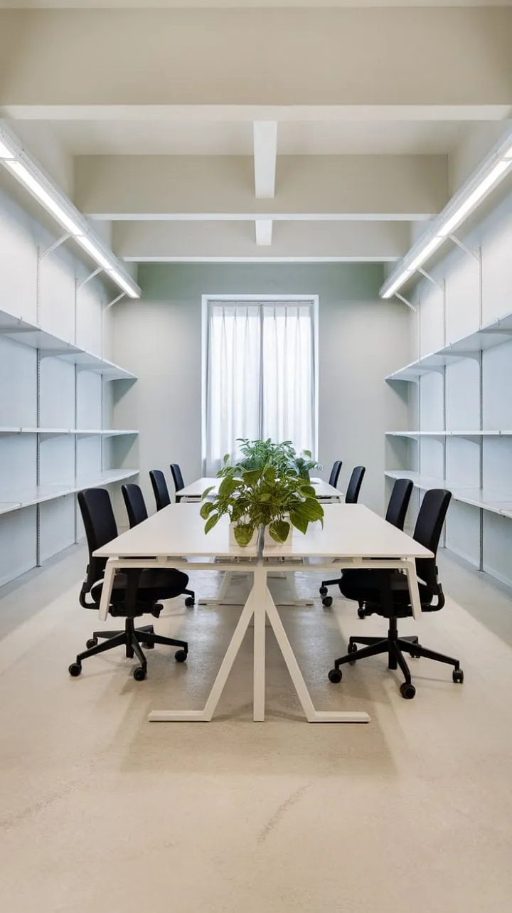 This minimalist office design, featuring clean lines and vibrant greenery, cultivates an inspiring environment that enhances focus and productivity.