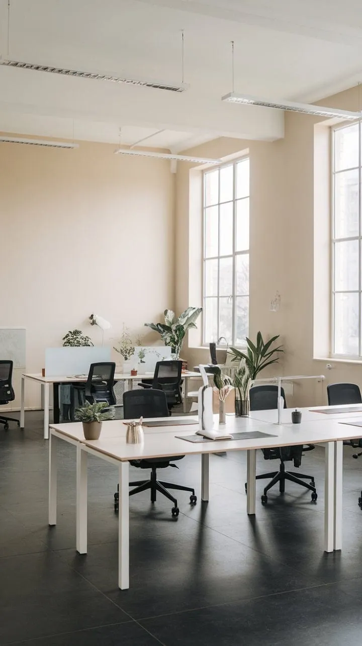 This modern, sunlit office sanctuary seamlessly combines elegance and efficiency, fostering an inspiring environment where ideas thrive.