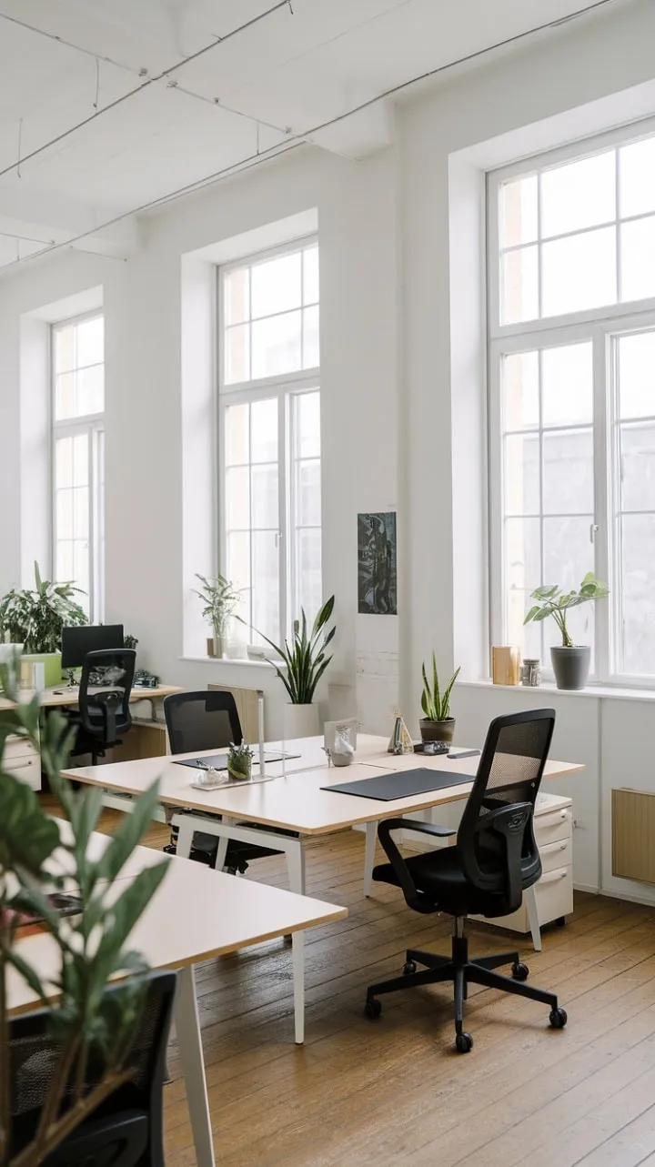 This minimalist office, illuminated by natural light and adorned with potted plants, creates a serene and spacious environment perfect for focused work.