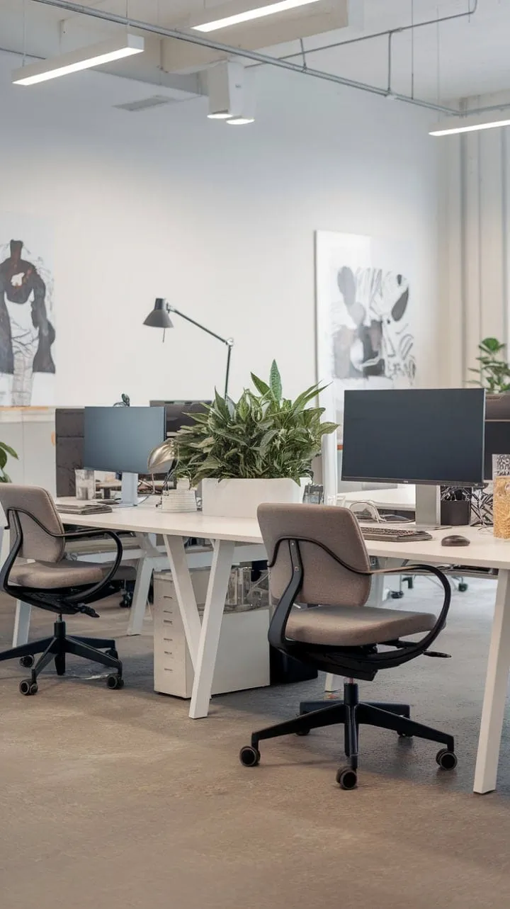 This minimalist workspace, with its clean lines and calming greens, seamlessly blends form and function to inspire creativity and boost productivity.