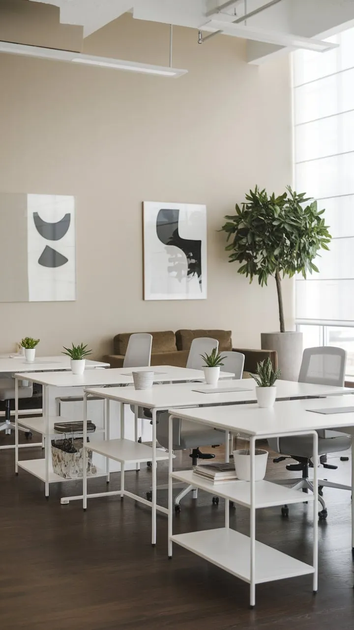 This modern workspace blends minimalist design with natural elements, creating a serene haven that fosters focus and productivity.