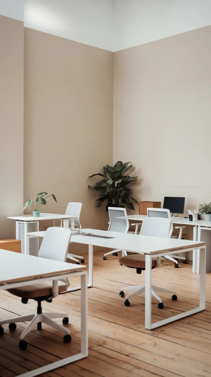 Clean lines and natural wood define this minimalist office's serene workspace