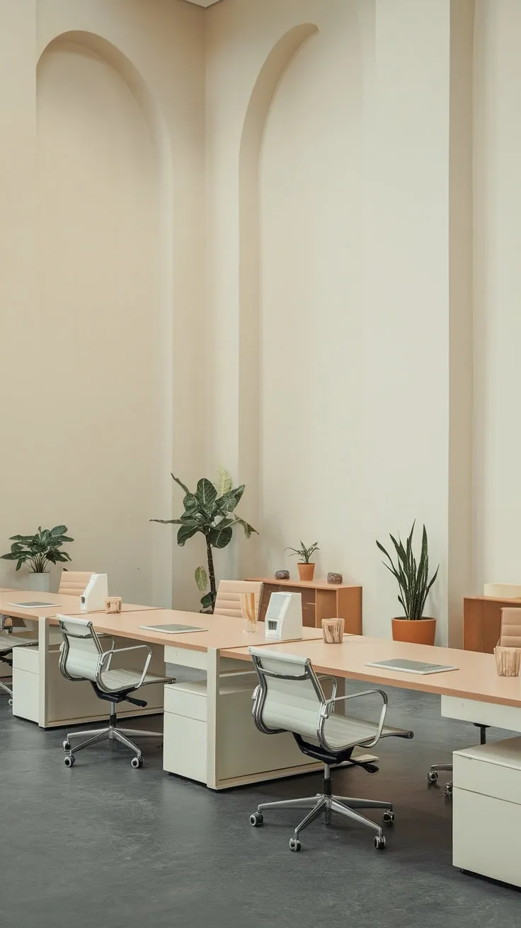 Clean lines and minimal furnishings define this modern office, where a few workstations and subtle greenery foster focus and efficiency.
