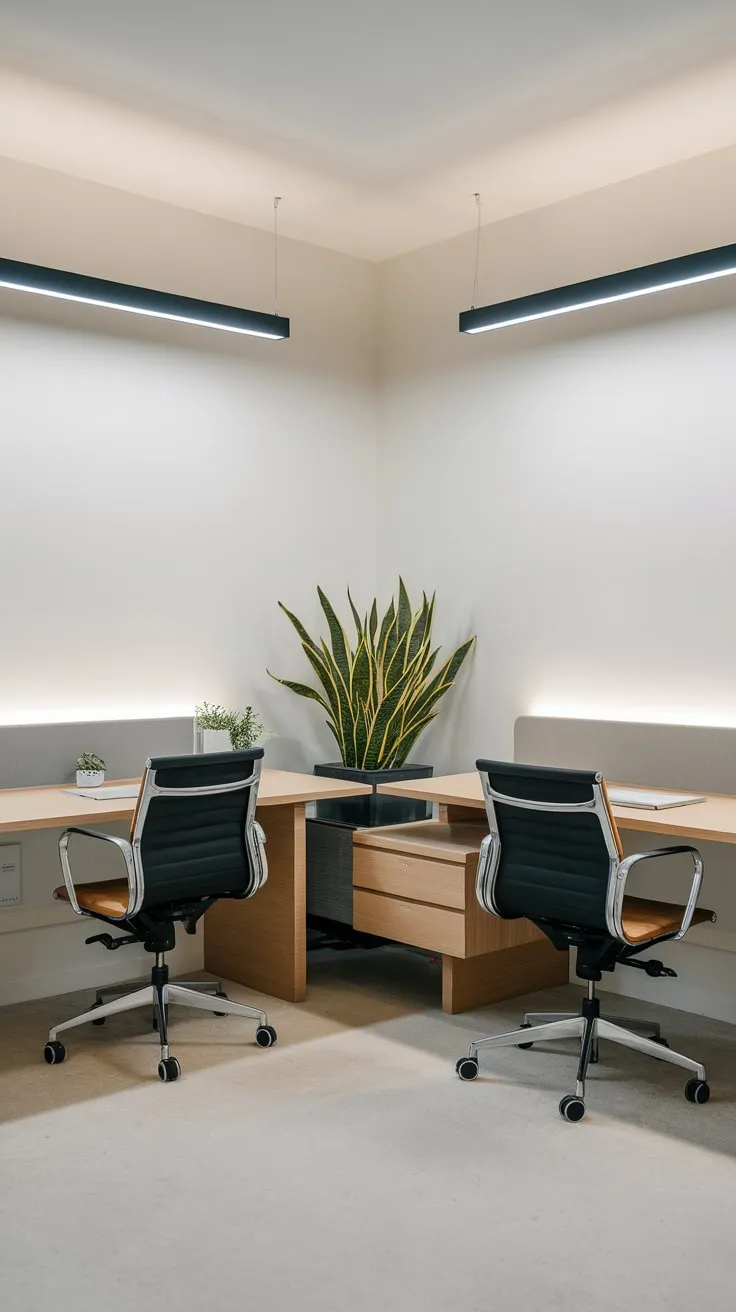 Clean lines and simple furnishings define this minimalist office, maximizing space and functionality.