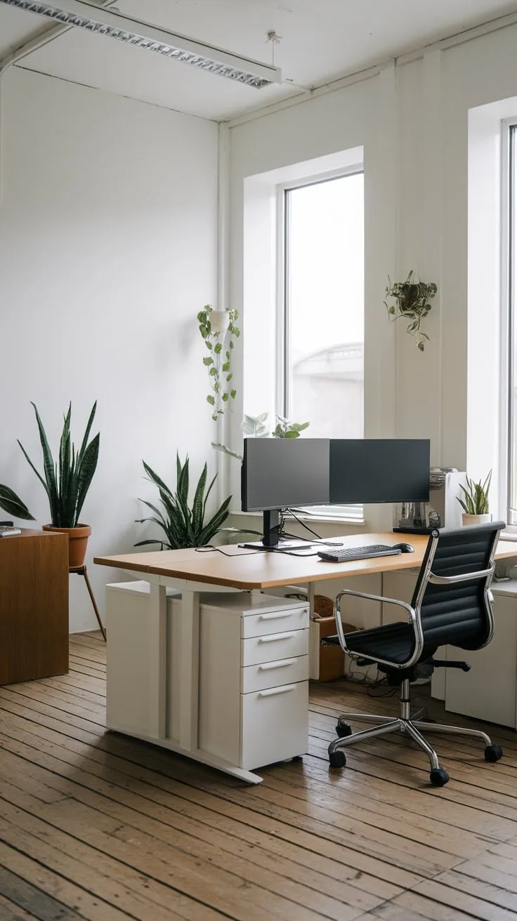 Bright light illuminates a minimalist workspace featuring a clean desk, modern workstation, and a few potted plants on a wooden floor.