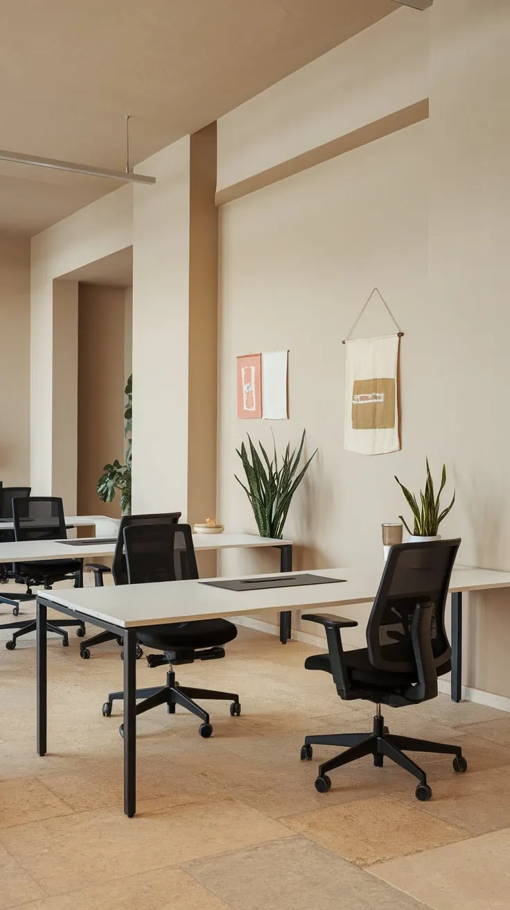 Clean lines and neutral tones define this minimalist office, featuring modern workstations and subtle pops of green.