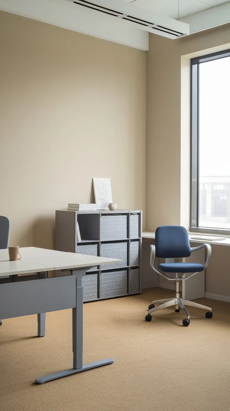 Clean lines and neutral tones define this minimalist office, showcasing modern workstations in a small footprint.
