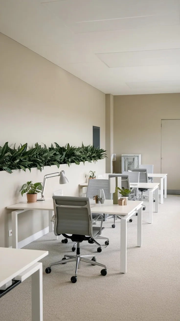 A calming beige and white minimalist office features modern workstations, accented by greenery.