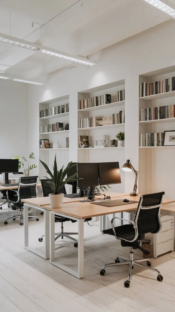 Modern workstations, minimalist design, and pops of green define this bright and airy office space.