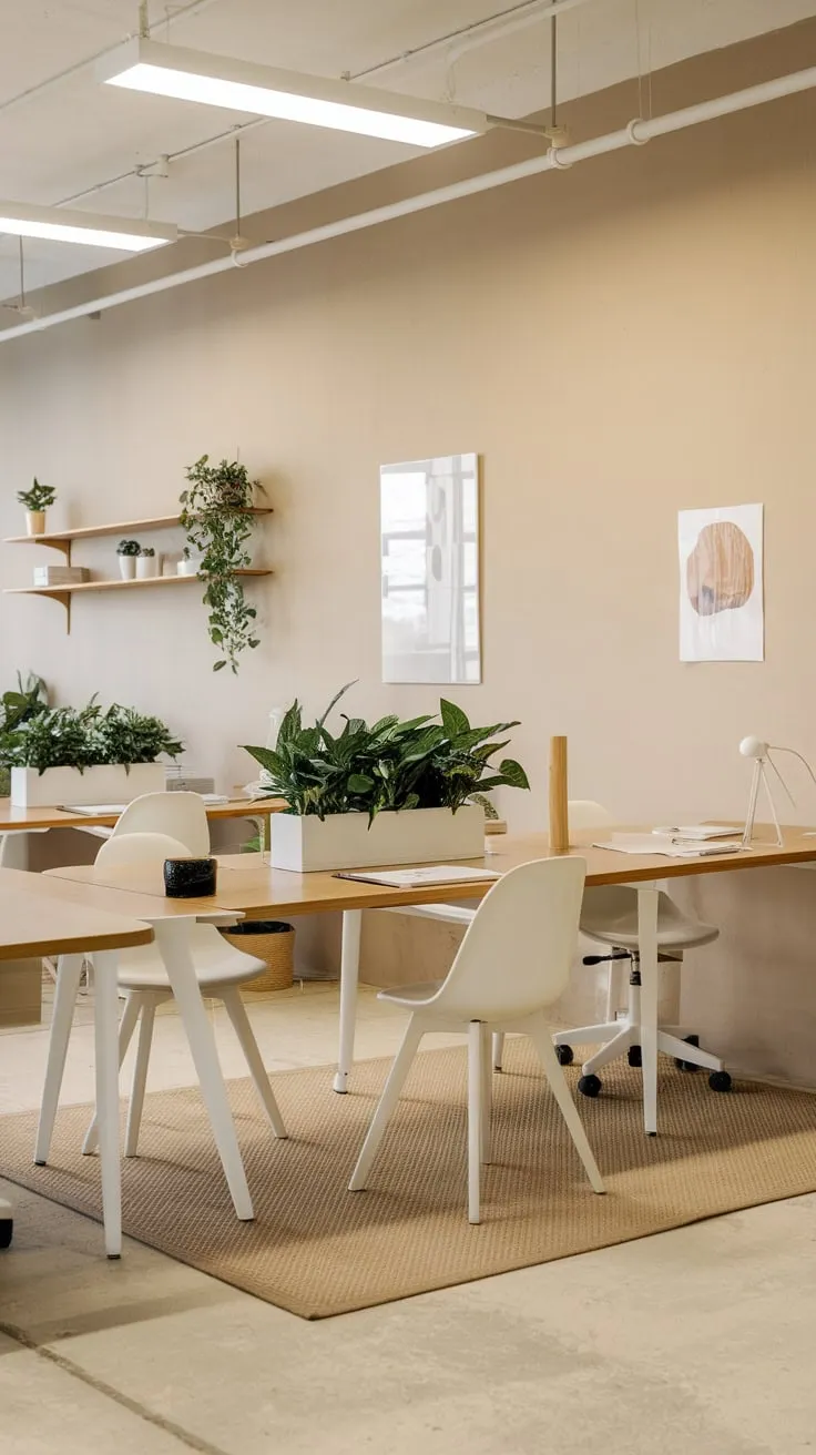 A minimalist office design showcases modern workstations, natural wood, and pops of green against a neutral backdrop.