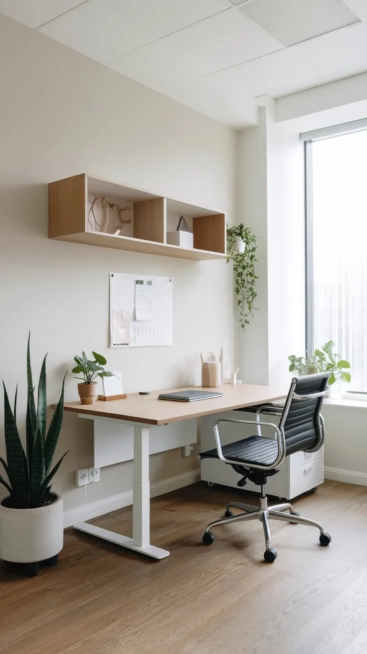 A bright, airy office featuring a simple desk, chair, and wood floors exemplifies modern minimalist design.
