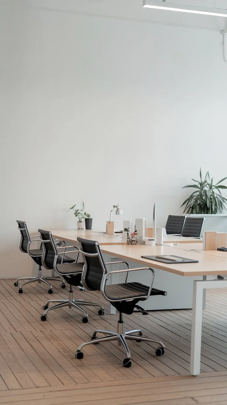 A minimalist office design features simple workstations, natural light, and a touch of greenery for a productive yet calming atmosphere