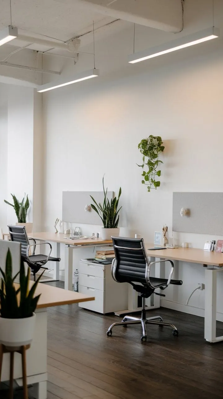 A serene sanctuary of productivity, this minimalist workspace blends clean lines and bright light with dark wood floors, inspiring ideas to flourish in an efficient environment.