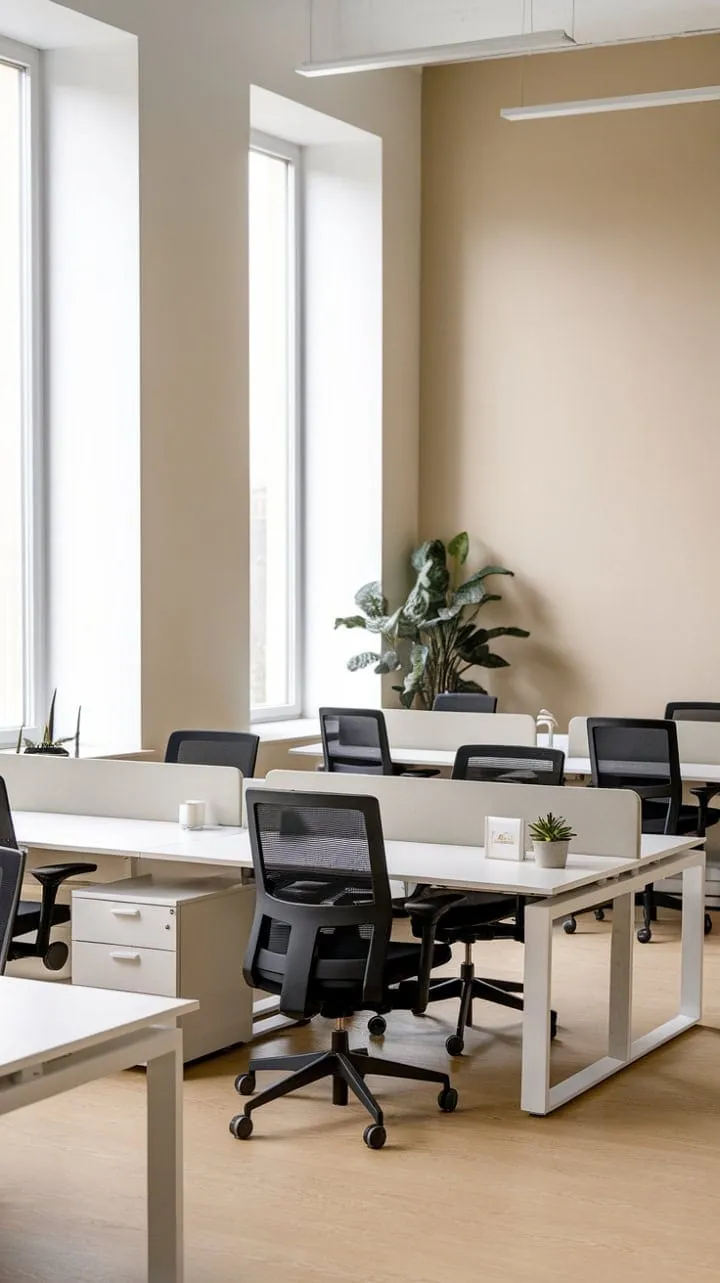 This serene workspace, defined by clean lines and abundant natural light, showcases the inspiring impact of minimalist design amidst the chaos of the workday.