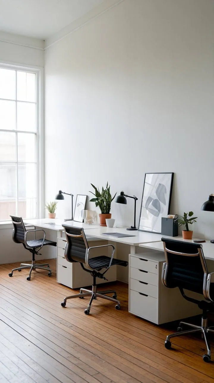 This minimalist office, featuring three sunlit workstations on warm hardwood floors, creates a serene and spacious atmosphere that enhances productivity.