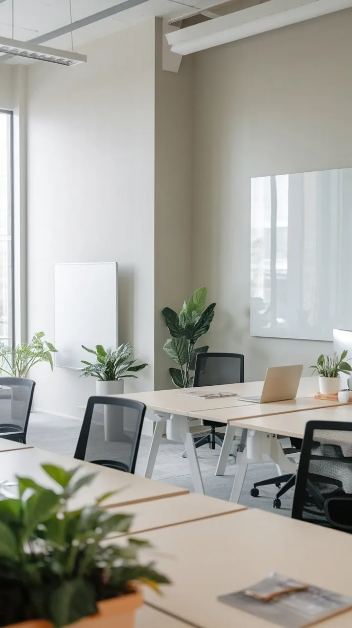 This office design fuses sleek minimalism with optimal efficiency, creating a tranquil yet inspiring environment that boosts focus and productivity.