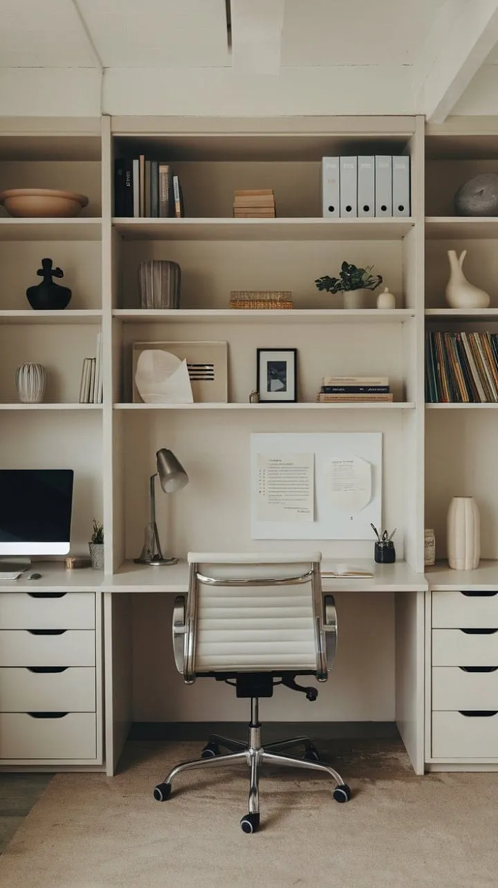 This minimalist home office design showcases how a compact space can maximize style and efficiency, embodying the essence of "less is more."